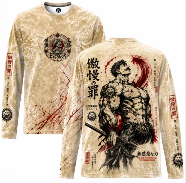 Dark retro anime long sleeve t-shirt in beige with Escanor graphic print