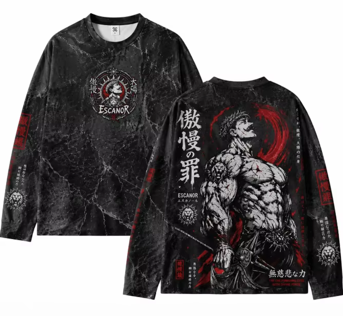 Dark retro anime long sleeve t-shirt featuring Escanor marble crack texture graphic print