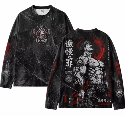 Dark retro anime long sleeve t-shirt featuring Escanor marble crack texture graphic print