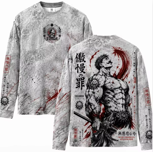 Dark retro anime long sleeve t-shirt in grey with Escanor graphic print